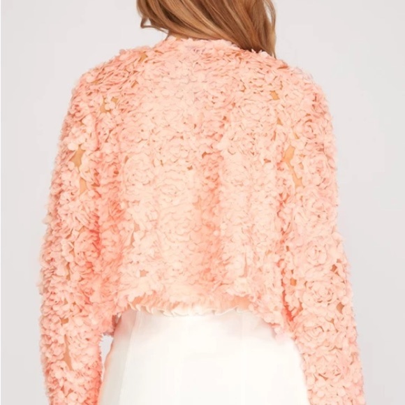 She + Sky Long Sleeve 3D Mesh Short Jacket Cardigan Flower appliqué in Pink - Picture 4 of 12